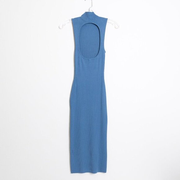Aritzia Babaton Compose Sleeveless Dress Blue Midi Mock Neck Ribbed Knit Small - Picture 3 of 10